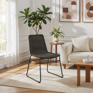 Sunvega Brown Faux Rattan Metal Dining Chair with Sled Base Set of 2