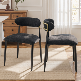 Sunvega Black Chenille Side Chair with Golden Armrests and Padded Seat Set of 2