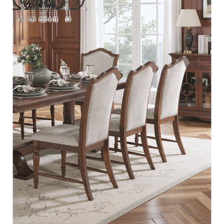 Sunvega Traditional Cherry Finish Wooden Side Chairs with Gray Textured Fabric Upholstery