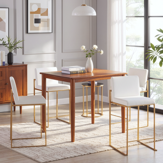 Sunvega Fuji Contemporary High Back Counter Stool Set of 3 in Gold Steel and White Velvet