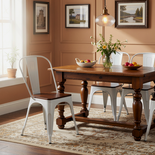 Sunvega High Gloss White with Walnut Wooden Seat Industrial Metal Dining Chairs Set of 2