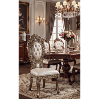 Sunvega Ivory and Gold Sculpture Floral Upholstery Side Chairs with Tufted Back