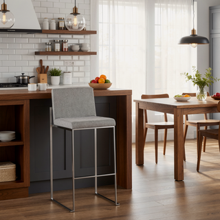Sunvega Contemporary High Back Barstool Set of 3 with Grey Fabric and Stainless Steel Frame