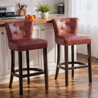 Sunvega Brown Wooden Bar Stools with Cow Top Leather Upholstered Seat and Backs