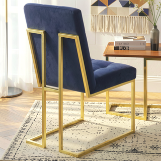 Sunvega Bold Blue Upholstered Dining Chair with Metallic Gold Accents and Button Tufting