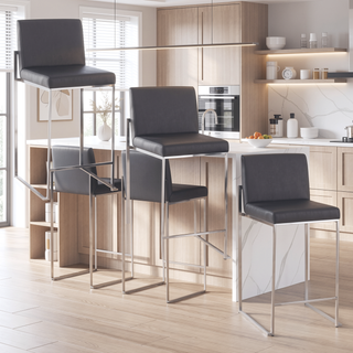 Sunvega Contemporary High Back Barstool Set of 3 with Faux Leather Upholstery