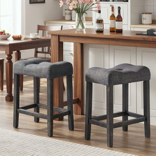 Sunvega Linen Blend Upholstered Side Chair Set of 2 with Oak Finish for Dining Room
