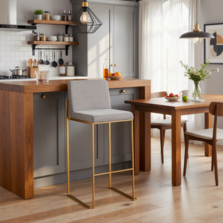 Sunvega Fuji High Back Bar Stool with Padded Seat and Backrest in Gold Steel