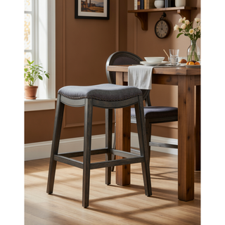 Sunvega Gray Rustic Whitewash Fabric Upholstered Nailhead Trim Saddle Bar Stools