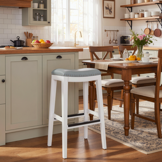 Sunvega Natural Finish Saddle Leather Seat Counter Stool with Footrest and Nail Head Trim