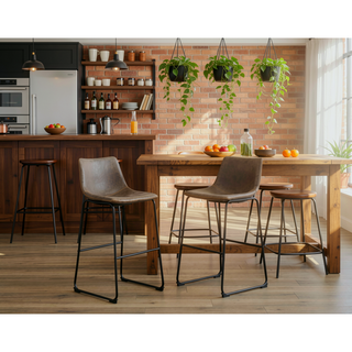 Sunvega Antique Brown Vintage PU Leather Barstools with Iron Frame, Set of 2