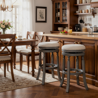 Sunvega 30 Inch Bar Stool with Weathered Gray Finish and Beige Fabric Seat