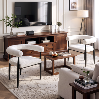 Sunvega Notting Cream Boucle Upholstered Dining Arm Chairs with Black Legs