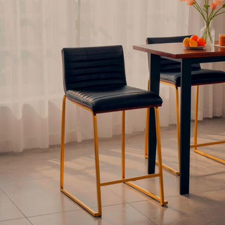 Sunvega Contemporary Fixed-Height Counter Stool with Tufted Faux Leather Seat and Walnut Wood Back