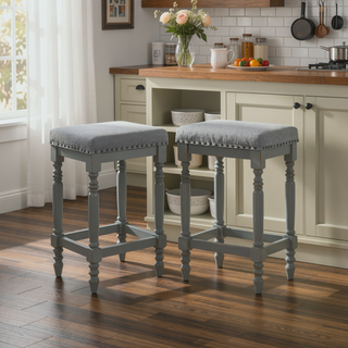 Sunvega Distressed Wooden Farmhouse Barstools with Faux Leather Seat, Counter-Height