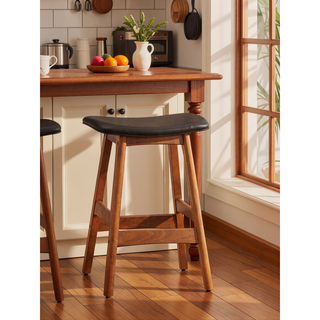 Sunvega Solid Wood Walnut Finish Counter Height Stools with Faux Leather Seat