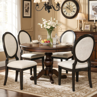 Sunvega Dark Cocoa Oval Back Dining Side Chair with Cream Chenille Upholstery and Welt Trim