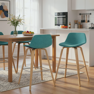 Sunvega Mid Century Modern Bentwood Counter Bar Stool Set of 2 with Aqua Blue Upholstery