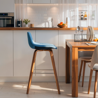Sunvega Mid Century Modern Bentwood Counter Bar Stool Set with Blue Linen Look Upholstery