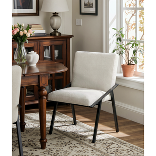 Sunvega Black Powder Coated Metal Base Cream Textured Fabric Upholstered Side Chairs Set of 2