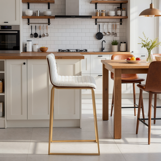 Sunvega Mason Mara Contemporary Fixed-Height Barstool in Gold Metal and White Faux Leather