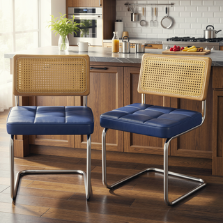 Sunvega Modern Rattan Dining Chairs Set of 2 with Faux Leather Seat and Wood Back