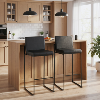 Sunvega Fuji Contemporary High Back Barstool in Black Steel and Faux Leather - Set of 2