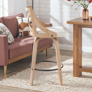 Sunvega Farmhouse Counter Stool with Cream Fabric and White Washed Wood for Dining