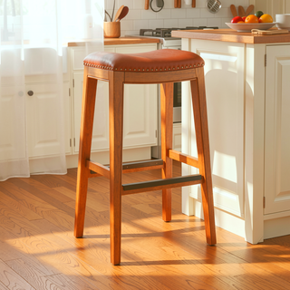 Sunvega Natural Finish Saddle Leather Seat Counter Stool with Footrest and Nail Head Trim