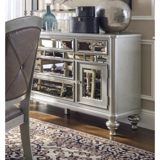 Sunvega Silver Finish Rectangular Dining Table with Mirror Trim and Draw Leaf