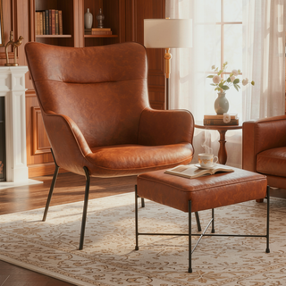 Sunvega Industrial Lounge Chair and Ottoman Set with Black Metal Frame and Faux Leather