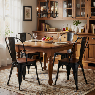 Sunvega High Gloss Black Industrial Metal Dining Chairs with Walnut Wooden Seat