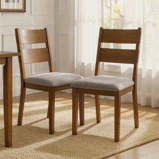Sunvega Set of Two Dining Chairs with Gray Fabric Seat and Brown Wood Legs