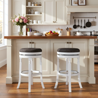 Sunvega 30 Inch Bar Stool with Weathered Gray Finish and Beige Fabric Seat