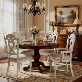 Sunvega Antique White Victorian Style Desk Chair with Gray Upholstered Cushioned Seat