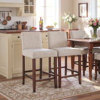 Sunvega Dorian Beige Fabric Counter Chair Set of 2 with Teak Wood Frame
