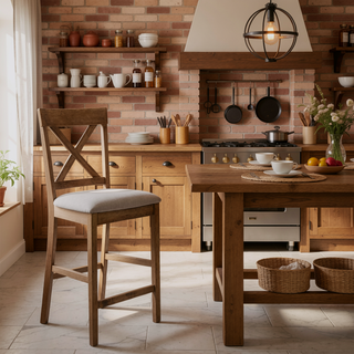 Sunvega Tan and Weathered Oak Cross Back Counter Height Stools with Linen Upholstery