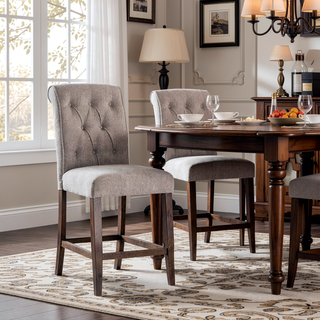 Sunvega Set of 2 Beige Chenille Upholstered Counter Height Chairs with Rustic Oak Legs