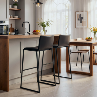 Sunvega Modern Black Faux Leather Barstools with Metal Base and Footrest Set of 2