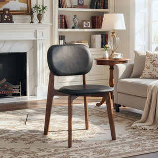 Sunvega Mid-Century Modern Black Vegan Leather Dining Chairs with Walnut Base Set of 2