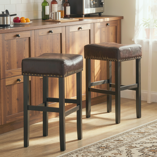 Sunvega Set of 2 Beige Backless Fabric Counter Height Barstools with Padded Seats
