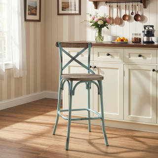 Sunvega Antique Turquoise Finish Metal Frame Vintage Style X-Shape Backrest Bar Chair