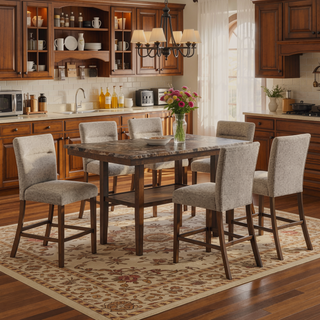 Sunvega Contemporary Brown Bar Table with Faux Marble Top and Storage Shelf