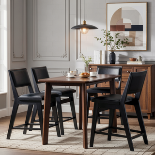 Sunvega Keira Black PU Bar Stool Set of 2 with Mid-Century Design and Full Back