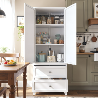 Sunvega Modern Kitchen Pantry Cabinet with Glass Doors and Adjustable Shelves for Living Room