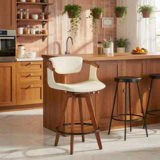 Sunvega Mid-Century Modern Counter Stool with Walnut Wood Accents and Faux Leather