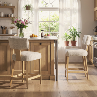 Sunvega Penny Round Arched Upholstered Counter Stool Set of 2 in Travertine Beige Chenille