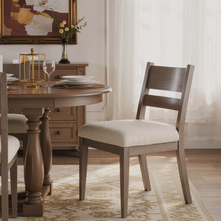 Sunvega Modern Farmhouse Wood Dining Chair with Textured Cream Upholstery Set of 2