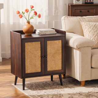 Sunvega Medieval Style Buffet Cabinet with Rattan Doors and Baffle Strip Design