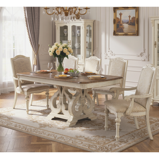 Sunvega Antique White 2pc Arm Chair with Upholstered Seat and Intricate Wood Inlay
